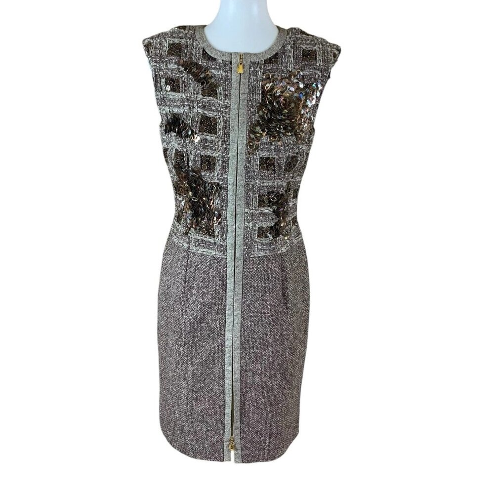 Escada Sequin Tweed Zip Front Dress 40 Sleeveless Alpaca Wool Designer Chic